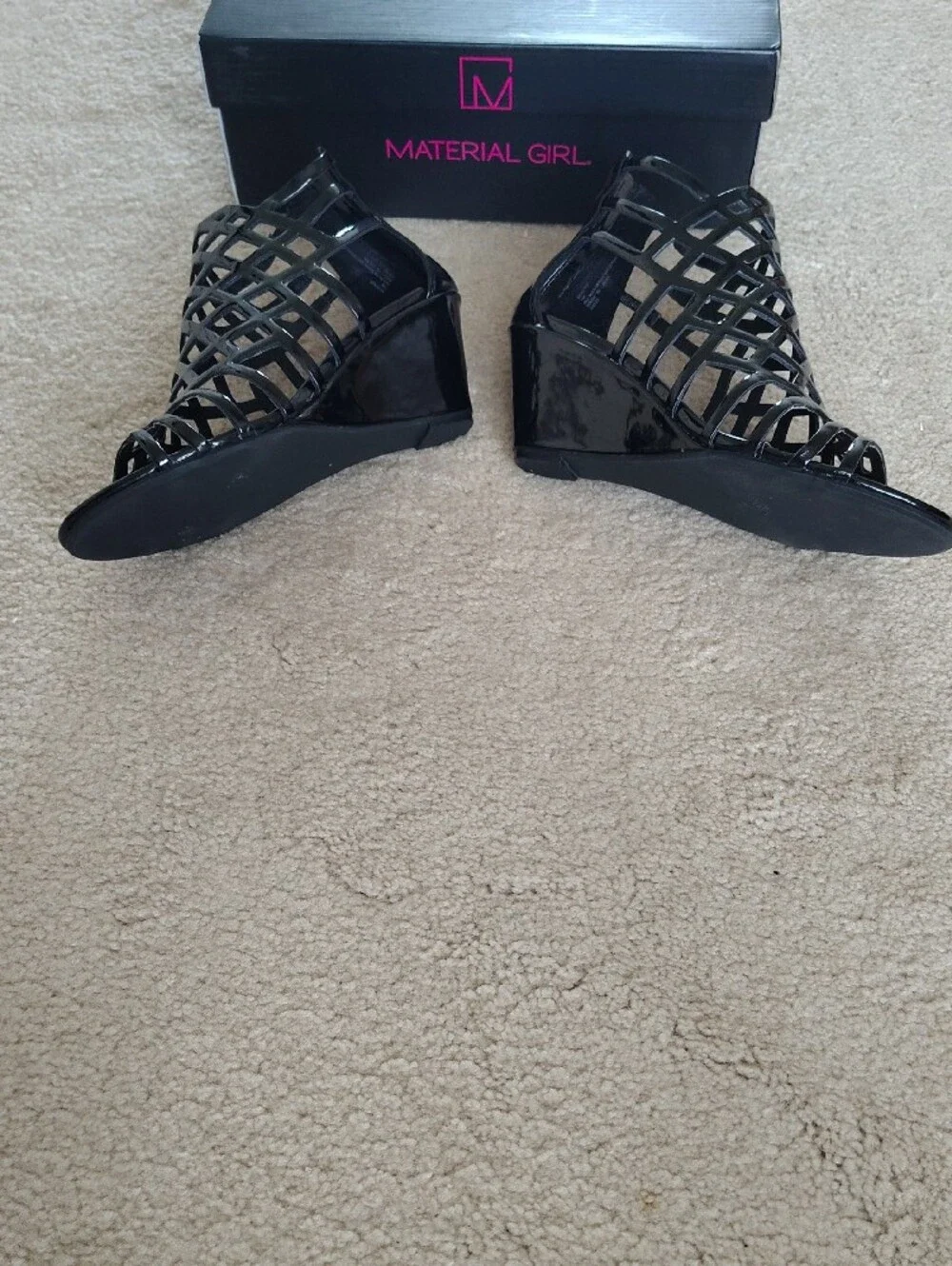 Material Girl Black Patent Lattice Peep-Toe Cage Heels